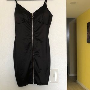 Sexy satin black dress with zipper in front